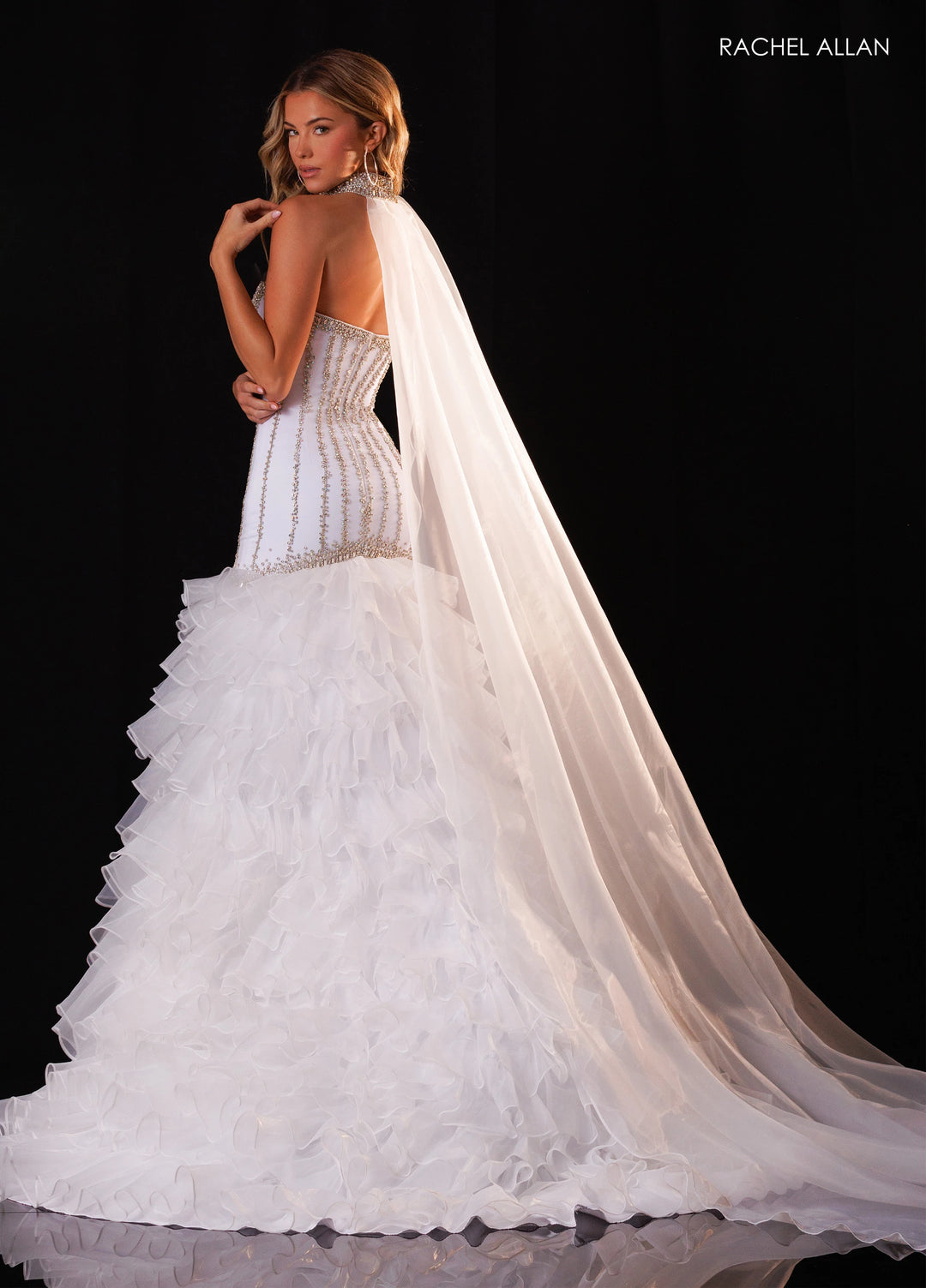 Rachel Allan 50429 Beaded Corset High-Low Pageant Dress with Cape - FOSTANI.com