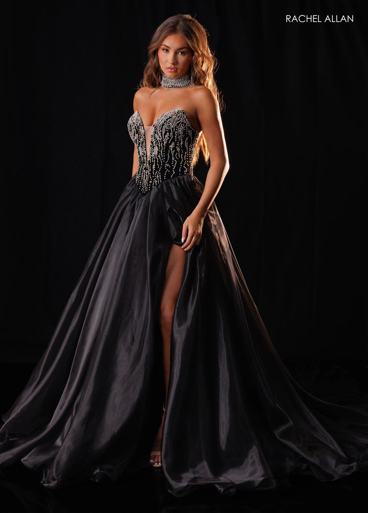 Rachel Allan 50434 Plunging Beaded Corset A-Line Pageant Dress - FOSTANI.com