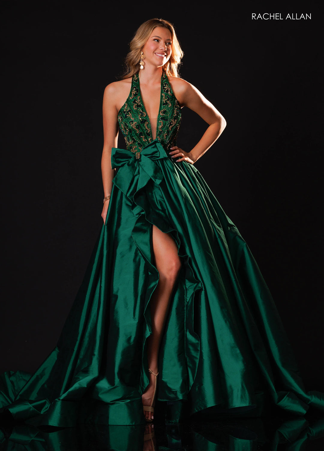 Rachel Allan 50447 Plunging Halter Ball Gown Pageant Dress with Bow - FOSTANI.com