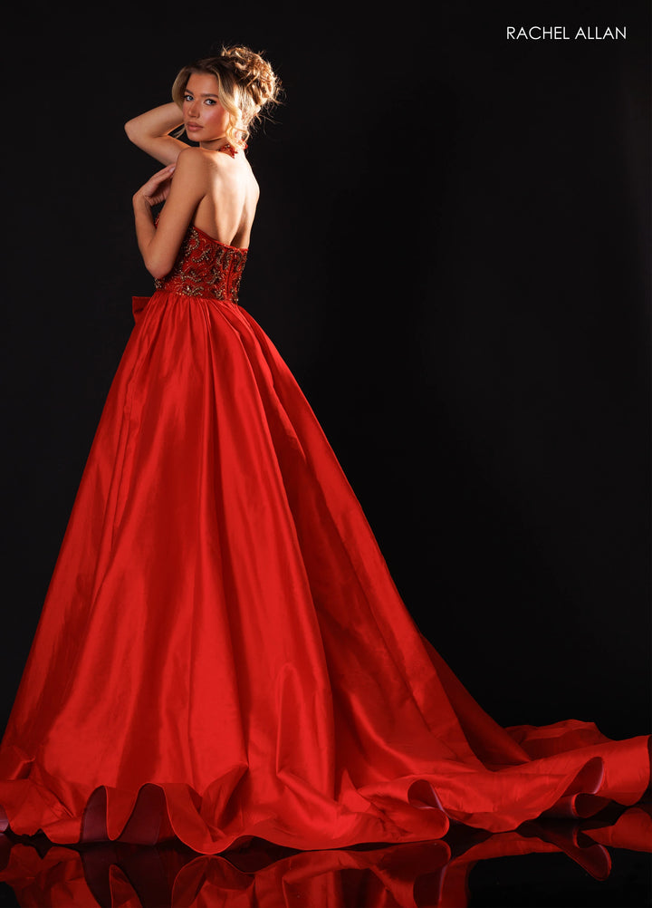Rachel Allan 50447 Plunging Halter Ball Gown Pageant Dress with Bow - FOSTANI.com