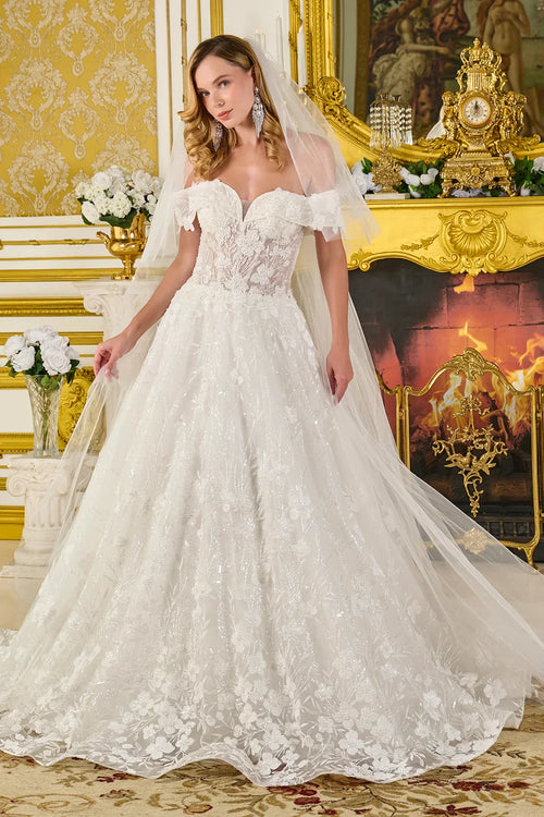 GLS Collective GL3821 Fold Over Off Shoulder Sleeves V Neckline Corset Ball Gown Wedding Dress