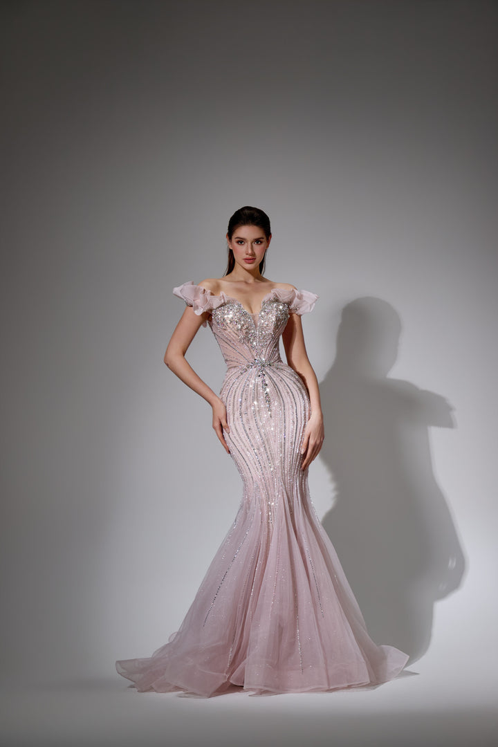 Delilah SH11602 Off-the-Shoulder Ruffle Plunging Corset Mermaid Gown - Pink front view