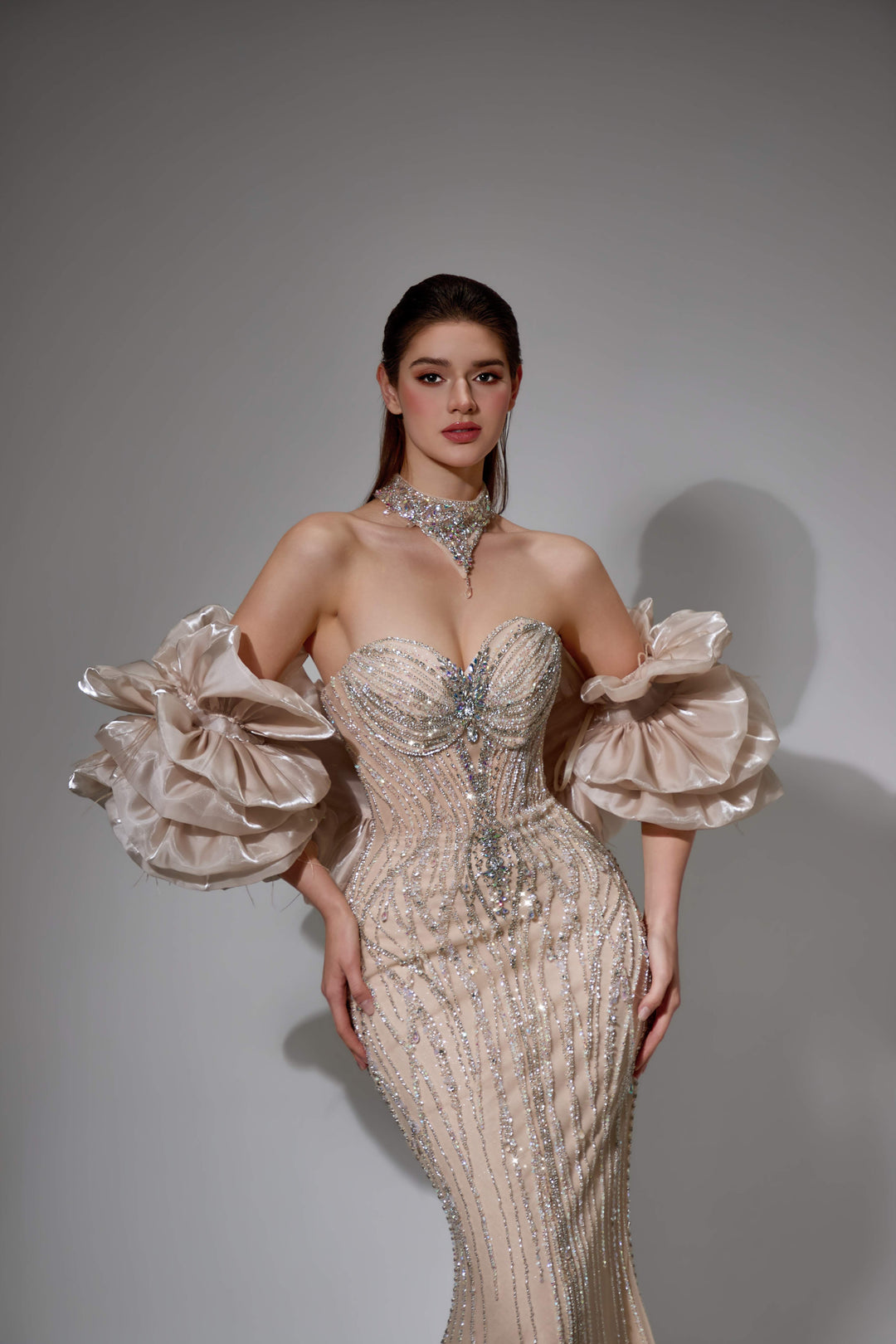 Delilah SH12049 Strapless Sweetheart Beaded Corset Mermaid Gown with Ruffled Arm Puffs - Champagne close-up view