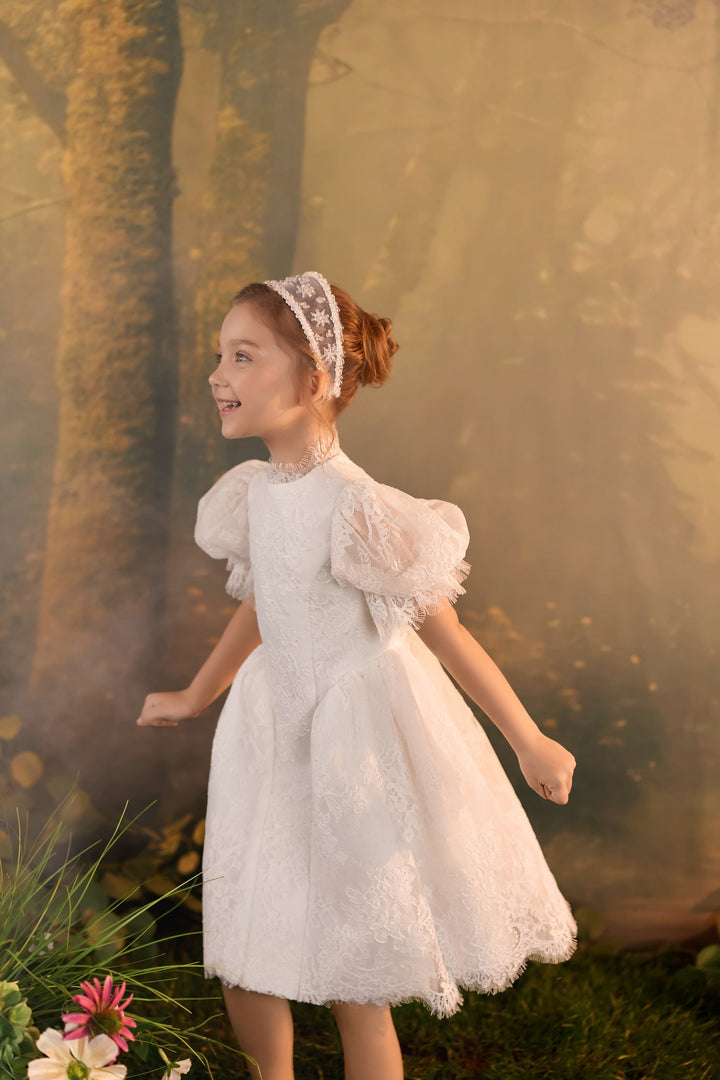 Pentelei 3939 Floral Lace Puff Sleeve Kids Dress