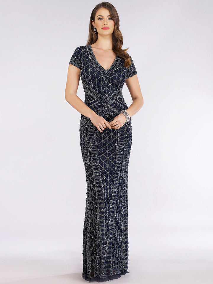 Lara 29746 - Beaded V-Neckline Dress with Cap Sleeves - FOSTANI