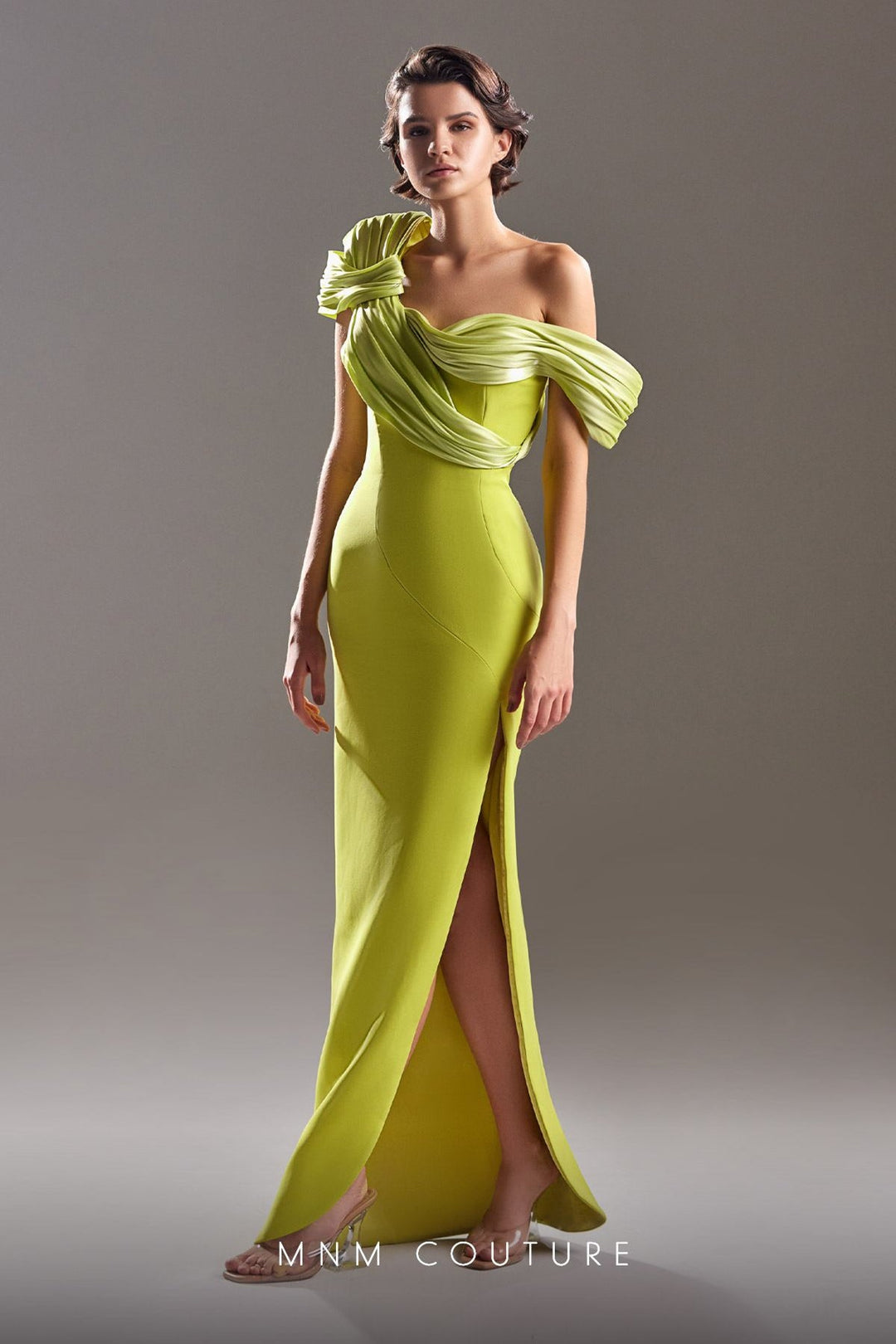 Gaby Charbachy G1518 off-the-shoulder draped column gown front view