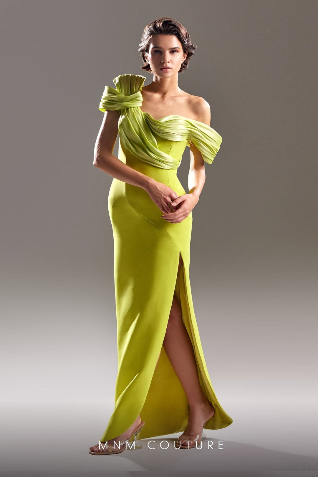 Gaby Charbachy G1518 off-the-shoulder draped column gown three-quarter front view