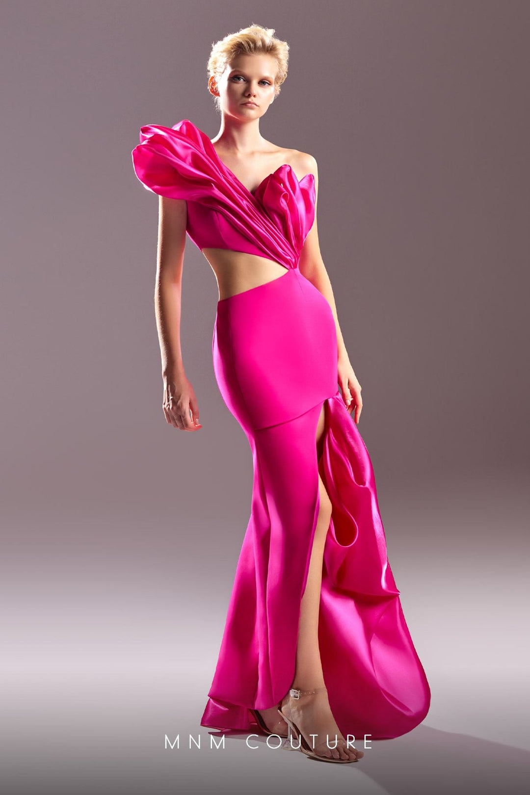 Gaby Charbachy G1538 one-shoulder ruffled mermaid gown three-quarter front view