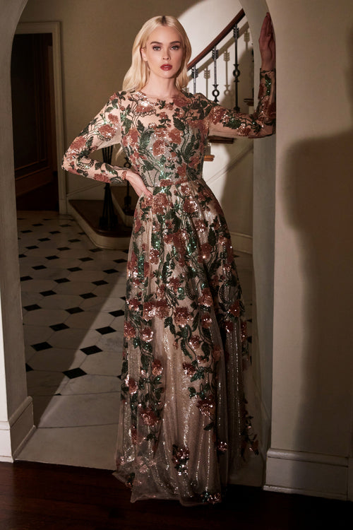 Andrea & Leo Couture A0926 Long Sleeve Floral Sequin Embroidered Evening Gown