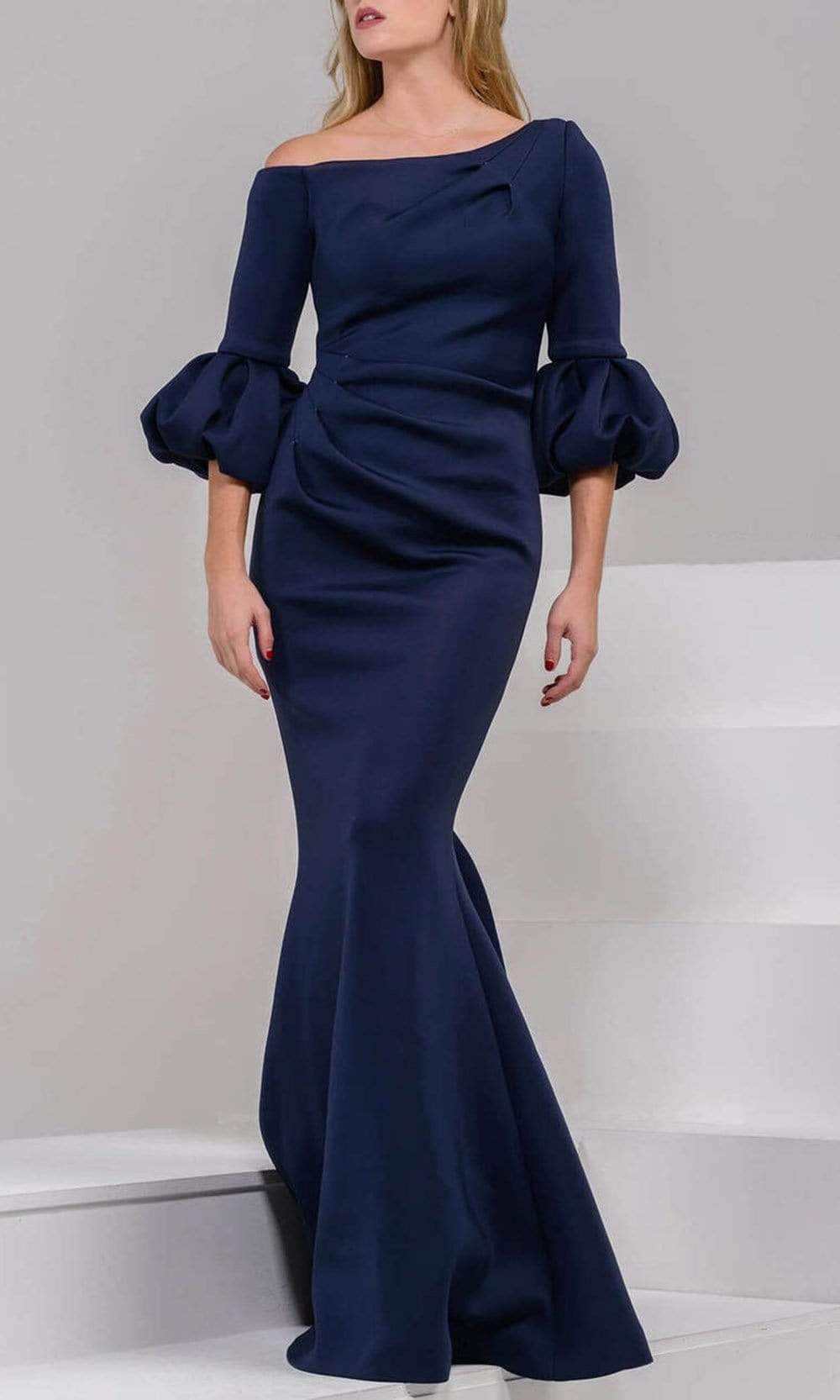 Jovani - 39739 Asymmetrical Pleat Detailed Trumpet Gown - FOSTANI