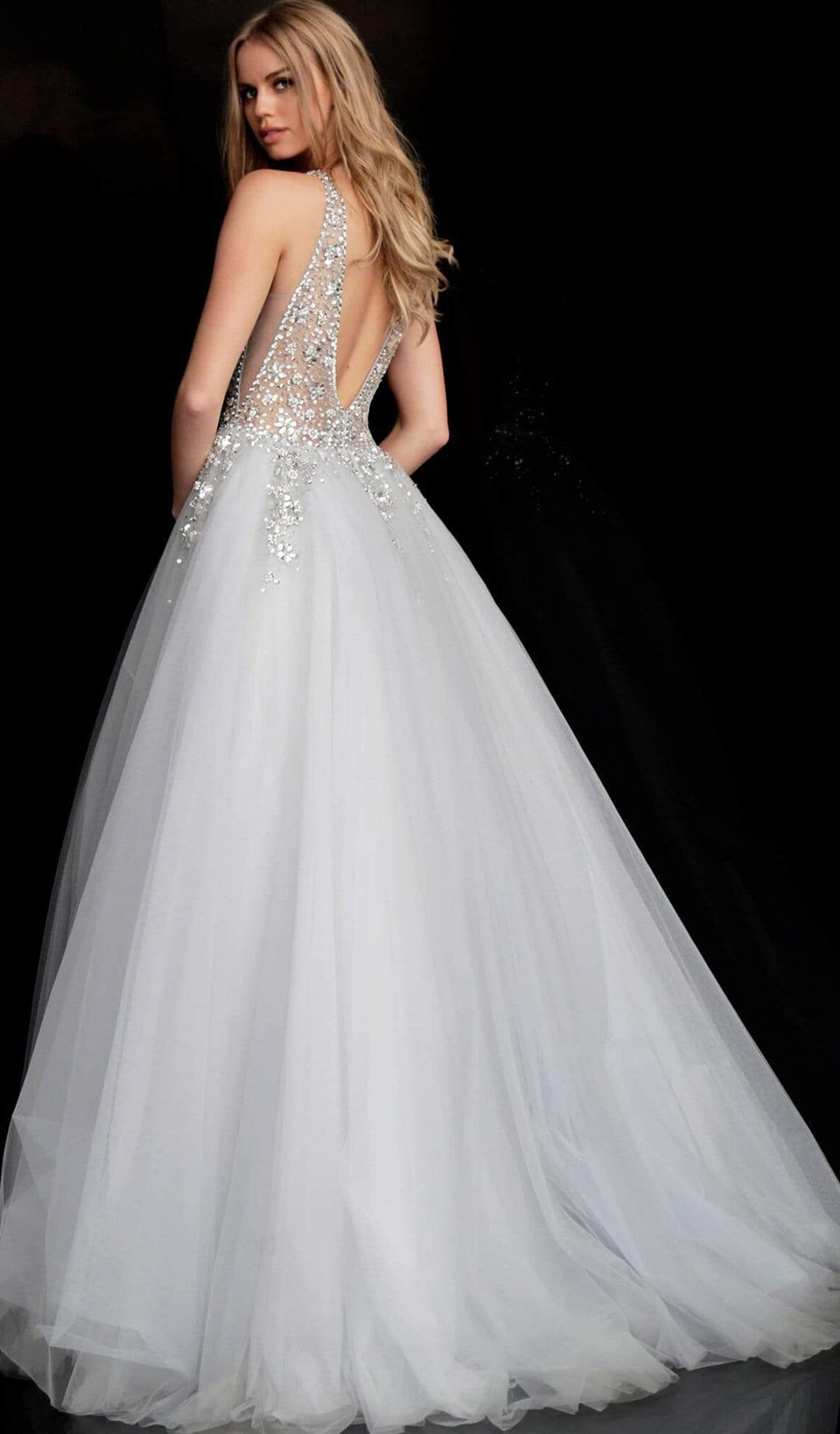 Jovani - 65379 Crystal Embellished Plunging V-neck Ballgown - FOSTANI