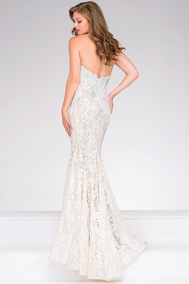 Jovani - Crystal Embellished Strapless Lace Prom Dress 37334 - FOSTANI